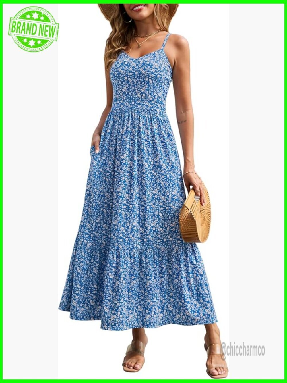 Floral Maxi Dress with Pockets Spaghetti Strap V-Neck Empire Waist